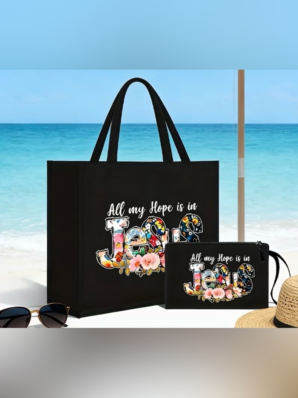 Black 'All My Hope Is In Jesus' Floral Print Tote and Wristlet Set